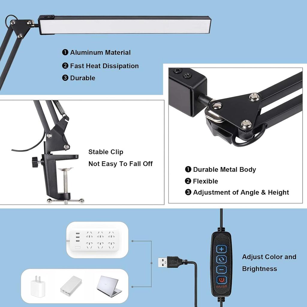 LED Folding Metal Desk Lamp Clip On Light Clamp Long Arm Diming Table Lamp 3 Colors Adjustable For Living Room Reading Computers