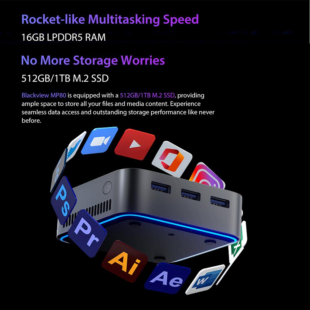 Blackview MP80 Mini PC Intel 12th N97 16 ГБ+512 ГБ/1 Тб Mini Desktop Computer Support Dual LAN 3*HDMI USB 3.0 WiFi 2.4/5G 4K UHD НОВЫЙ