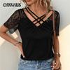 Летняя женская футболка с v-образным вырезом, повседневный кружевной топ с короткими рукавами