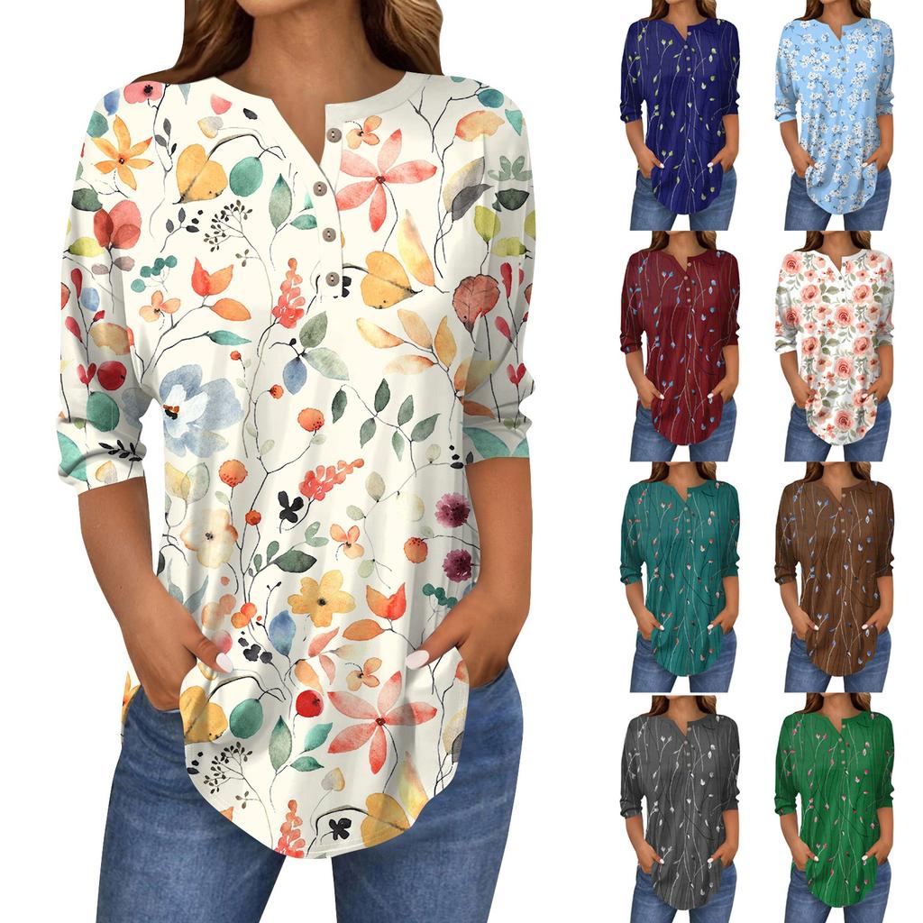 3/4 Length Sleeve Womens Tops Summer T-Shirts Floral Print V Neck Casual Basic Tee Button Shirts Tunic Tops