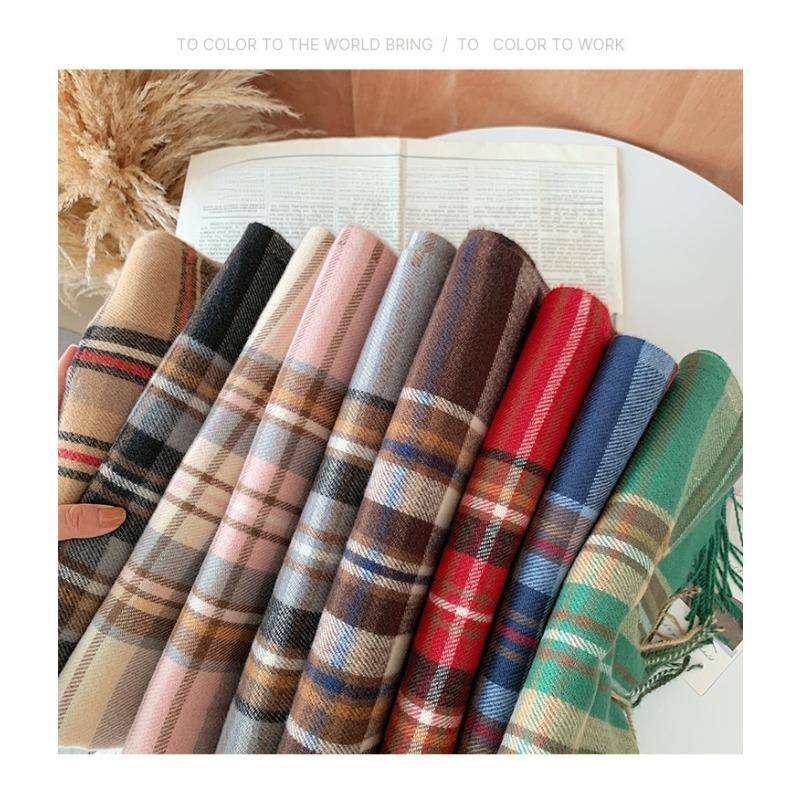 Осенне-зимний клетчатый шарф для женщин, теплая женская шаль с кисточками из искусственного кашемира