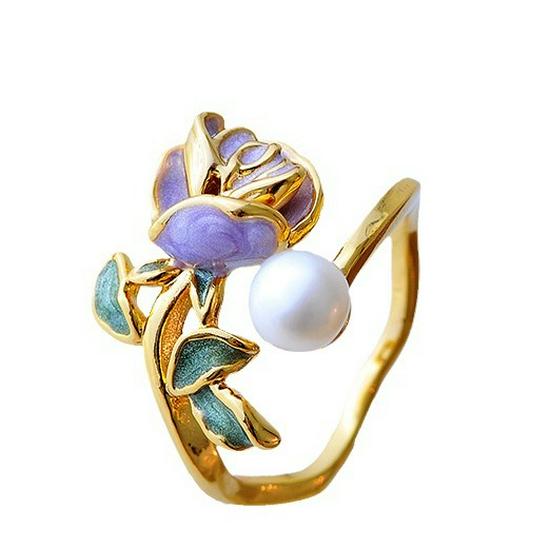 Ретро Эмалевое Кольцо с Открытым Цветком - Винтажный Стиль с Дизайном Капли