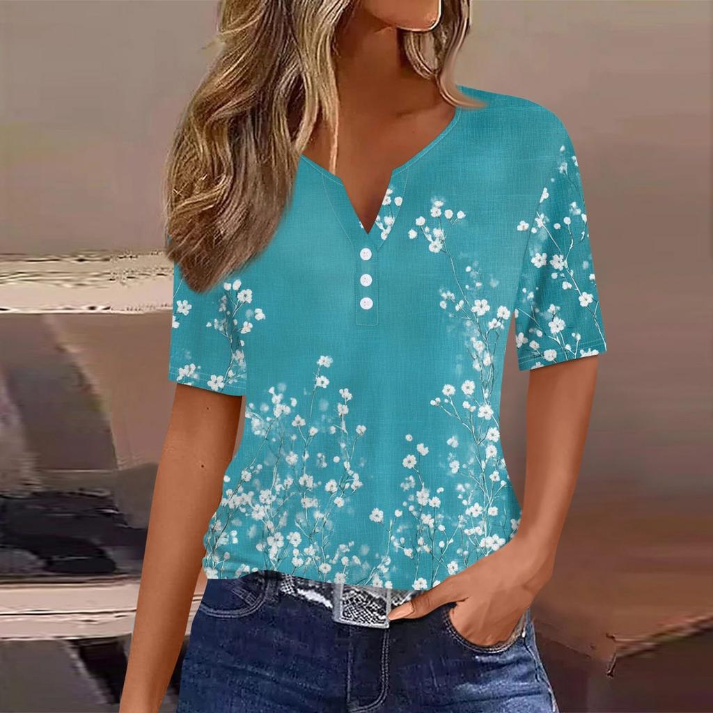 Женская повседневная футболка с коротким рукавом и V-образным вырезом, декоративная отделка пуговицами