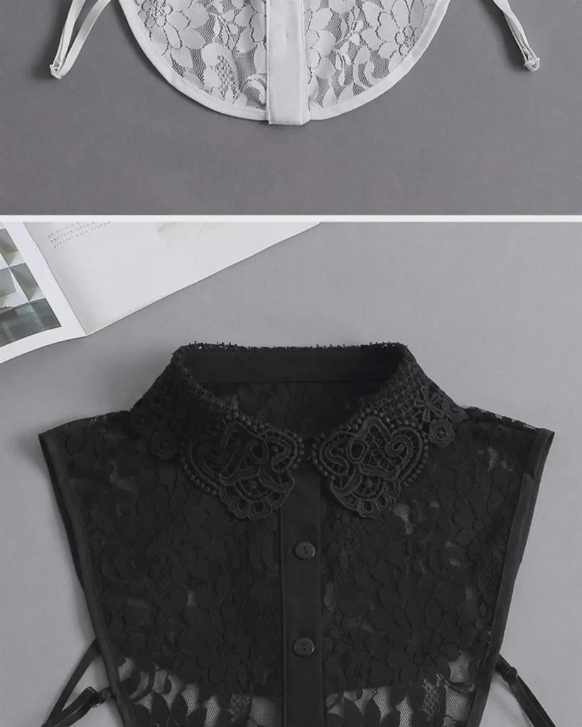 "Women's White Hollow Lace Detachable Chiffon Collar - Versatile Sweater and Shirt Accessory"