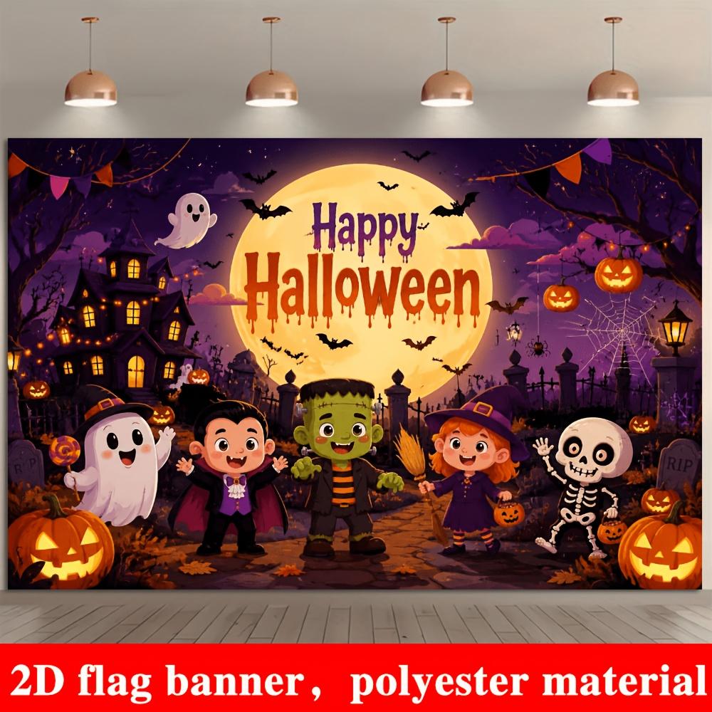 Halloween Theme Banner Backdrop, Full Moon Ghost Pumpkin Dark Castle Bat Cartoon, Polyester, No Power, Party Photo Wall Decor