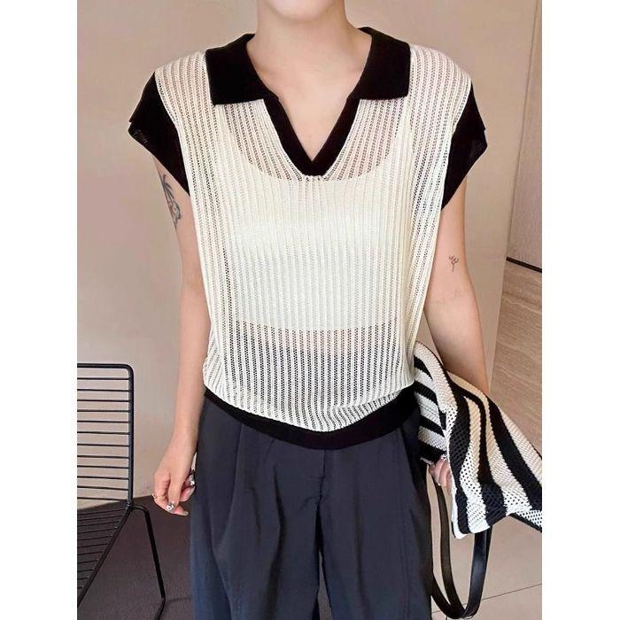 Модная футболка с коротким рукавом и лацканами в стиле колор-блок для женщин, летний новый стиль, элегантный и стройнящий вязаный топ