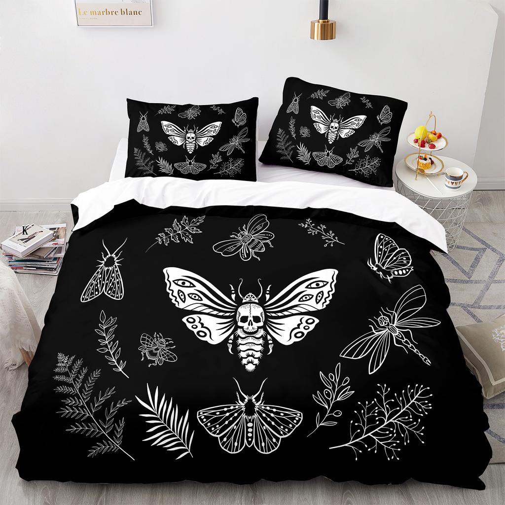 Комплект постельного белья Death Moth Queen Size Gothic Skull Boho, черно-белый декоративный мягкий комплект постельного белья с изображением скелета
