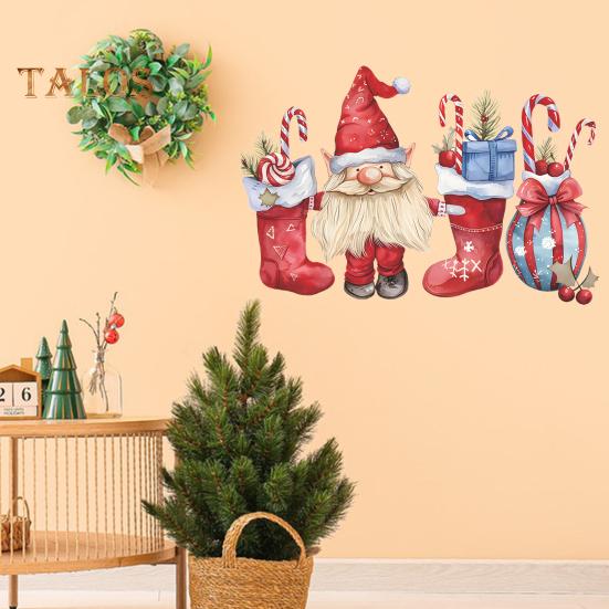 1 Sheet Christmas Wall Sticker Gnome Elf Stocking Candy Cane Gift Bag Waterproof PVC Self-adhesive Living Room Bedroom Holiday Wall Art Decoration