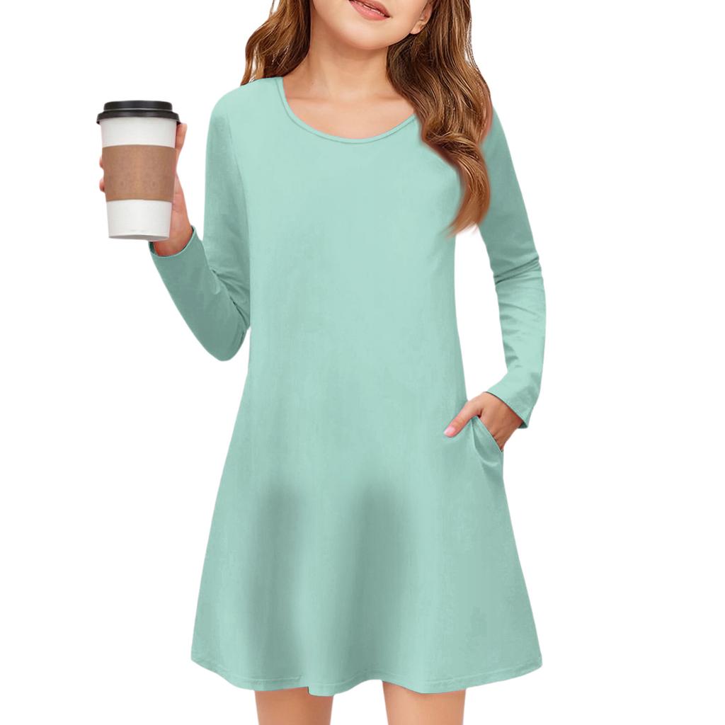 Girls' Long Sleeve Dress - Solid Color Pocket Dress