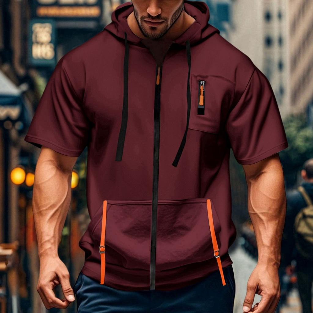 Men's Casual Short-sleeved Sweatshirt. Loose And Breathable Solid-color Sweatshirt Jacket With Multiple Pockets And A Zipper.