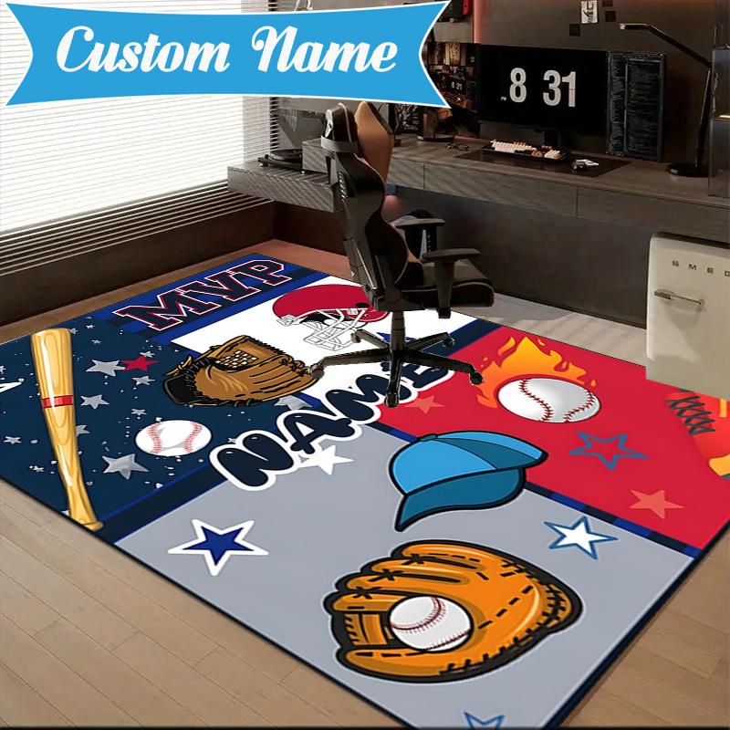 Custom Name Play Basketball Rug for Living Room, Game Rooms, Office, Bedroom, Floor Mat Playful Design, fan gifts Christmas decor