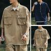 Summer Men Cargo Top Chest Pockets Solid Color Loose Zipper Plus Size Hip Hop Streetwear Plus Size Half Sleeves Half-open Turn-down Shirt