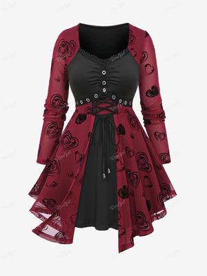 Rosegal Большие размеры, шнуровка с люверсами, роза, сердце, флокированная сетка, рюшами, асимметричный топ 2 в 1 с длинными рукавами
