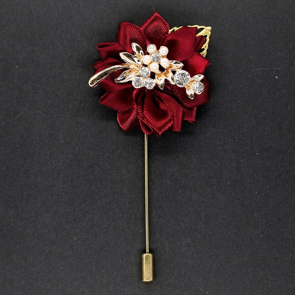 Luxury Crystal Pearl Groomsmen Boutonniere Wedding Corsage Men Brooch Pin Red Burgundy Flower Groom Bridal Boutonnieres
