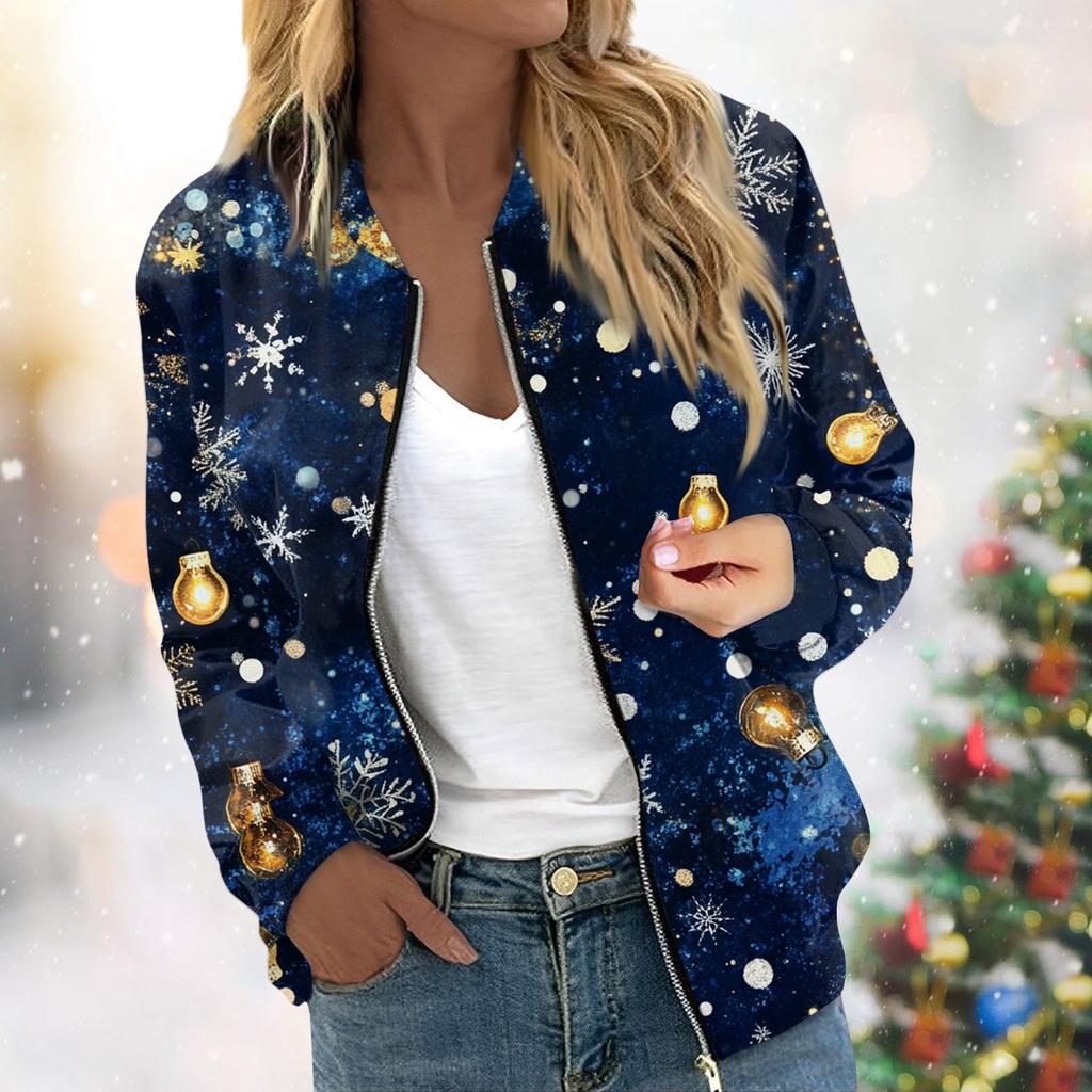 Женская легкая короткая куртка с длинными рукавами на молнии с принтом, повседневная стеганая куртка с карманами, рождественская