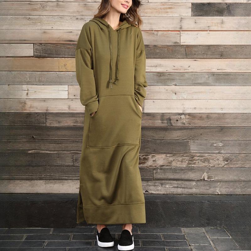 GMXIA Осенне-зимнее свободное трикотажное длинное платье большого размера с капюшоном, толстовка с подкладкой, повседневные модные платья, платья с большими карманами