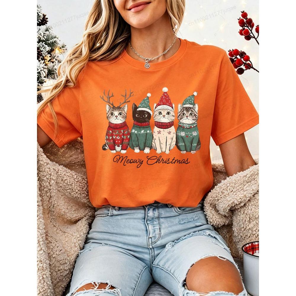 Женская Рождественская футболка Meowy Christmas Милый Кот Рождественский Свитер Шапка Принт с Оленем Короткий Рукав Повседневный Праздничный Вечеринка Футболки Топы подарок