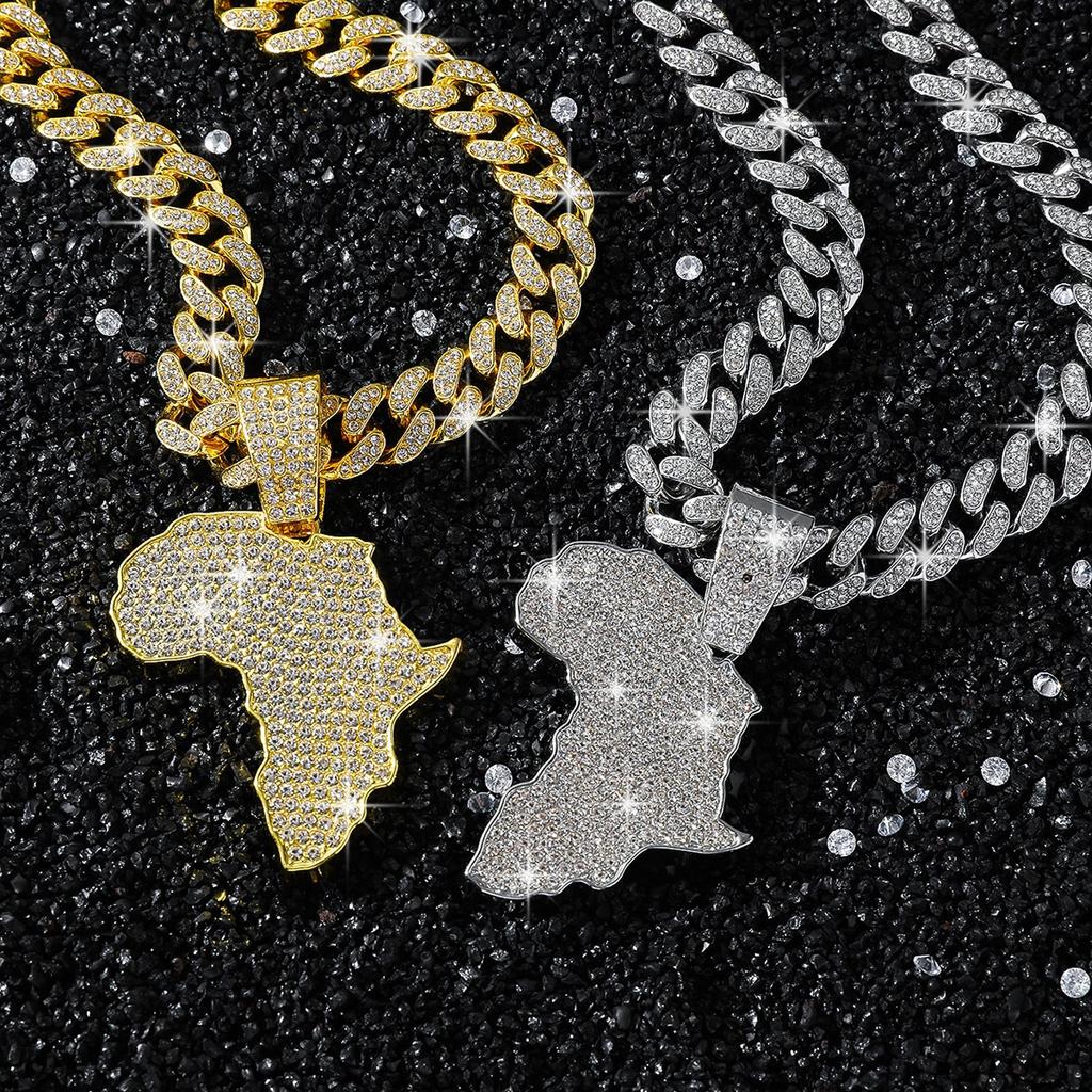 Iced Out Africa Map Pendant Necklace Alloy Gold Plated Rhinestone Cuban Link Chain Hip Hop African Heritage Street Charm Jewelry