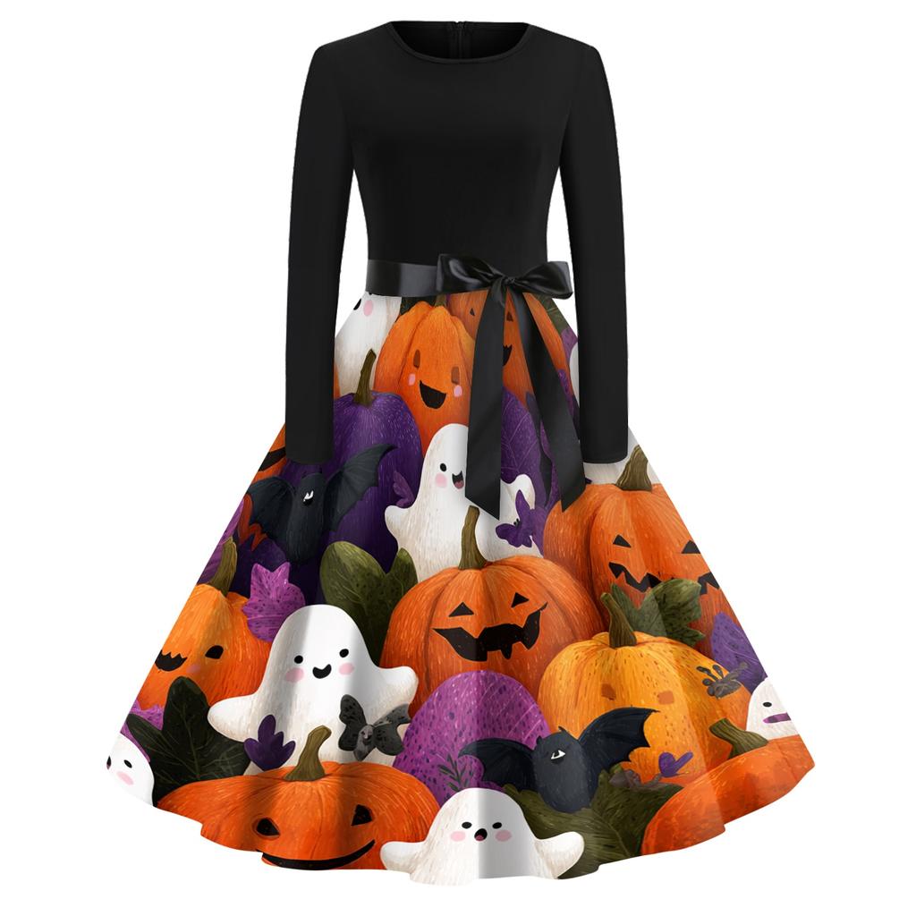 Women Casual Long Sleeve Dress Vintage Round Neck Floral Print Midi Dress with Waist Tie for Halloween Party