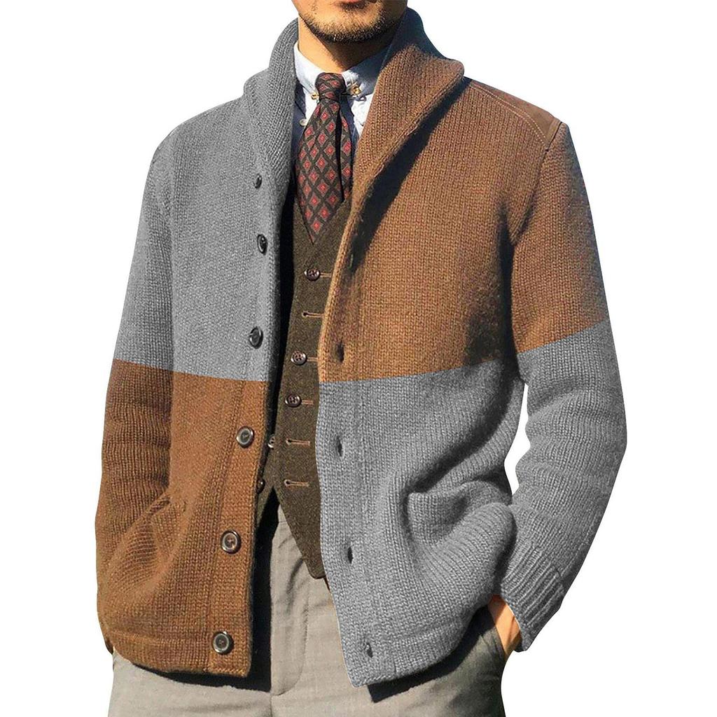 Кардиганы, свитера для мужчин, повседневная шаль с длинным рукавом, цветные блоки, трикотажные свитера на пуговицах