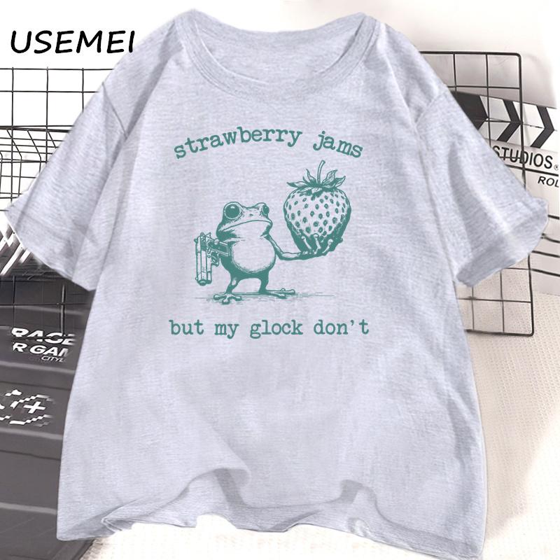 Strawberry Jams But My Glock Don't Funny Frog T-shirt Summer Cotton Short Sleeve Tee Shirt Cotton Short Sleeve Unisex's Clothing