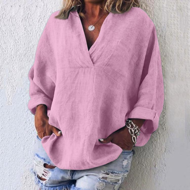 Women's Fashion Casual V Neck Long Sleeve Pullover Top Linen Cotton Blend