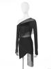 Womens Tango Dance Dress Oblique Shoulder Fringed Design with Sheer Mesh Patchwork and Irregular Hem Latin Costume