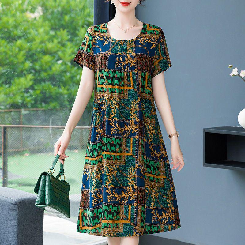 Женское летнее модное свободное хлопковое шелковое платье большого размера с короткими рукавами и цветочным принтом, темпераментные платья трапециевидной формы