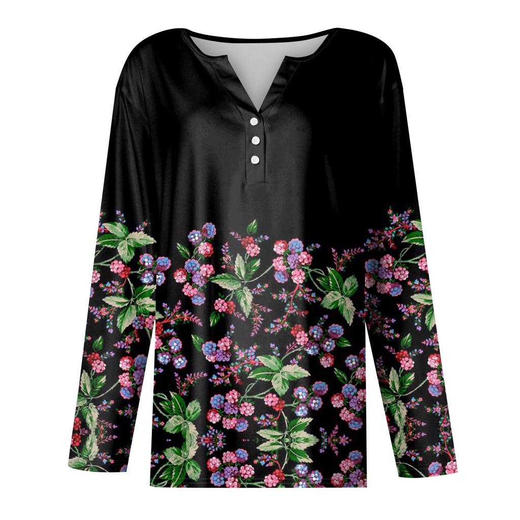 Женская модная повседневная футболка с v-образным вырезом и длинным рукавом с цветочным принтом, украшенная топами