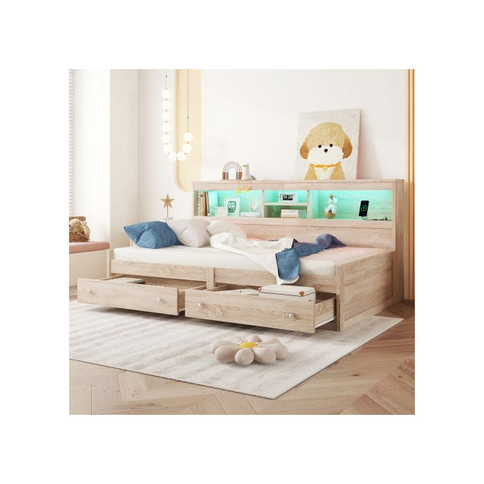 Daybett, lit de jour 90*200 cm, table de chevet, lit avec 2 prises USB et 2 prises de charge (sans matelas) couleur naturelle