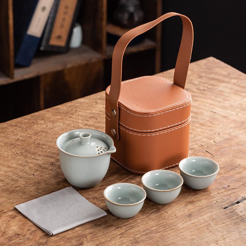 Celadon Ge Kiln Opening Film Can Raise Outdoor Portable Travel Tea Set, One Pot of Three Cups of Kuaike Tea Cup Gifts