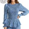 Топы с милыми оборками, блузка с цветочным принтом, женская рубашка с круглым воротником, осень-весна 2022, женская блузка с длинными рукавами, одежда 23014