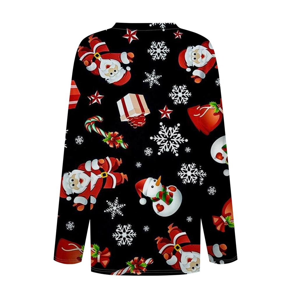 Women's Casual Fashion Sexy Comfort Christmas Prints V-Neck Button Long Sleeve T-Shirt Top