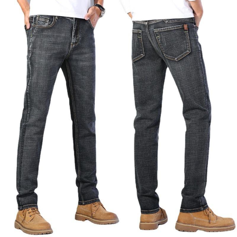 Зимние джинсы мужские прямые свободные повседневные эластичные плотные универсальные деловые брюки для среднего возраста и молодежи