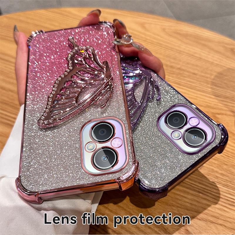 Чехол-подставка с градиентным блеском и бабочкой для OPPO A96 A97 A35 A93 A55 A56 A57 A17 A9 A5 A57 A58 A72 Realme C53 C35 C33 C31 Reno 6 7 8 9 10 11 12 Pro