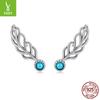 Elegant Retro Turquoise Feather Stud Earrings For Women, Charm Temperament S925 Sterling Silver Wing Earrings