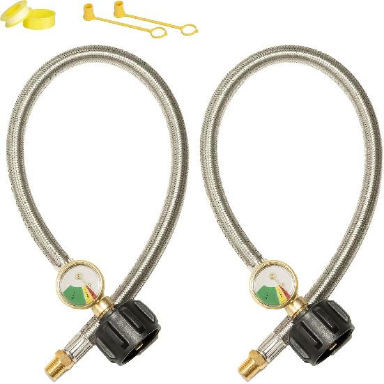 15 Inch RV Propane Hose Replacement With Gauge, 2 Pack - Stainless Steel Braided Hose For RV Two-Stage Regulator - 1/4" Male NPT & QCC1 Inlet, 350PSI