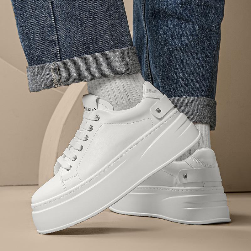 Мужские белые кроссовки на платформе - 2025 Осень Дышащие повседневные туфли на толстой подошве с дизайном, увеличивающим рост