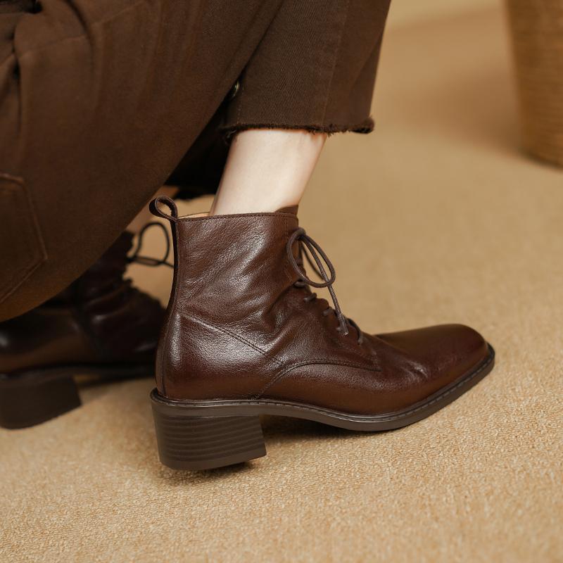 2024 New Women Boots Ankle Boots Thick High Heels Genuine Leather Shoes Woman Mature Office Lady Autumn Winter Lace-up Shoes