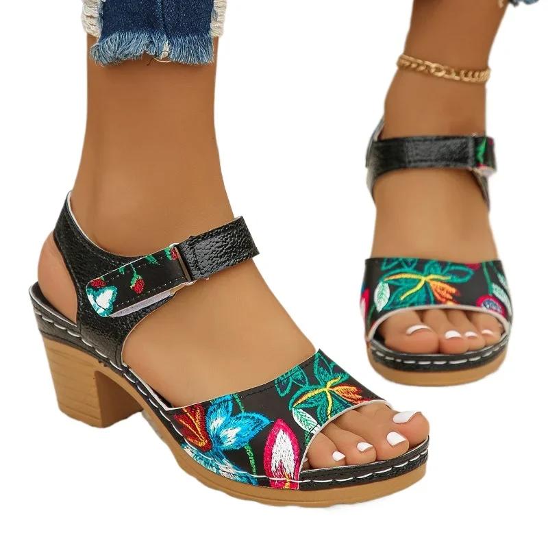 Модная женская обувь 2024 года, горячая распродажа, женские сандалии больших размеров, модная печать, офис и карьера, новые босоножки на каблуке с открытым носком, Zapatos Mujer