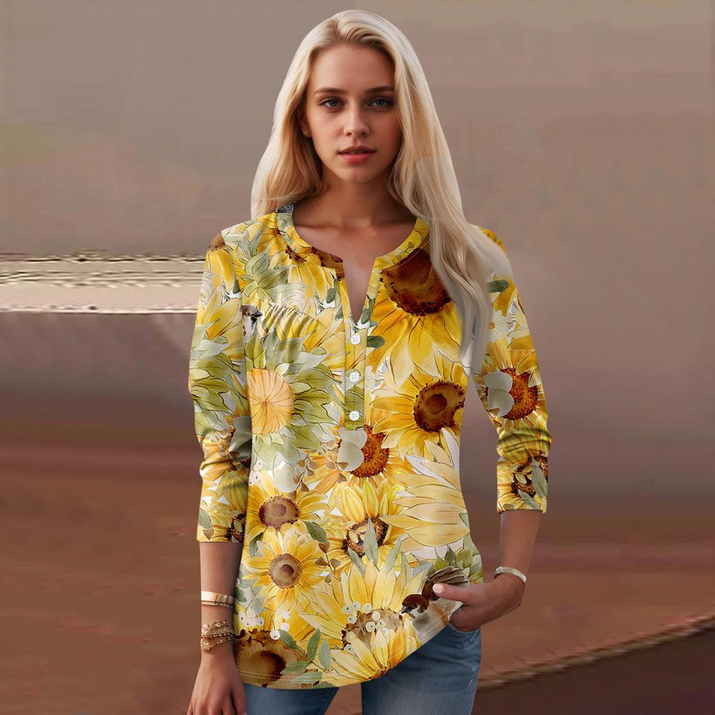Женская мода повседневный топ с длинным рукавом и круглым вырезом с цветочным принтом