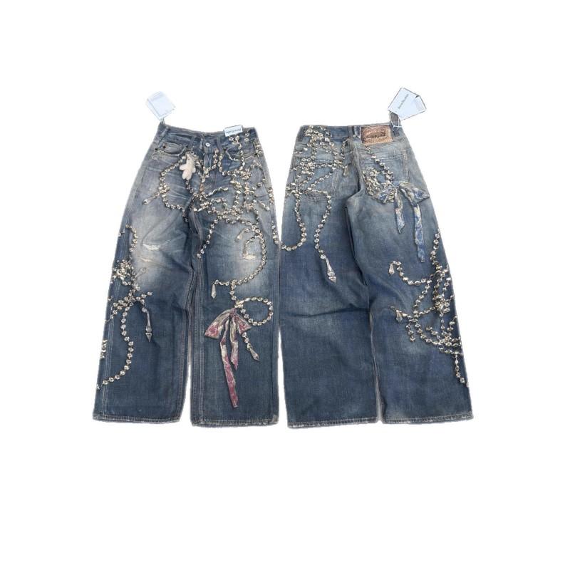 Streetwear Denim Jeans Men Women - High Waist Straight Cut With 3D Print Chain Bow Embroidery Mid-Rise Slim Fit