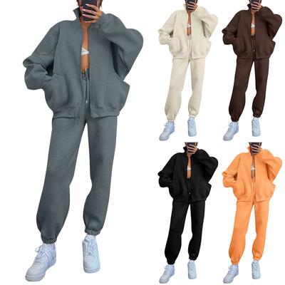 Женская мода однотонная толстовка с воротником-стойкой, длинными рукавами, карманами, молнией, спортивные штаны на шнурке, повседневный костюм