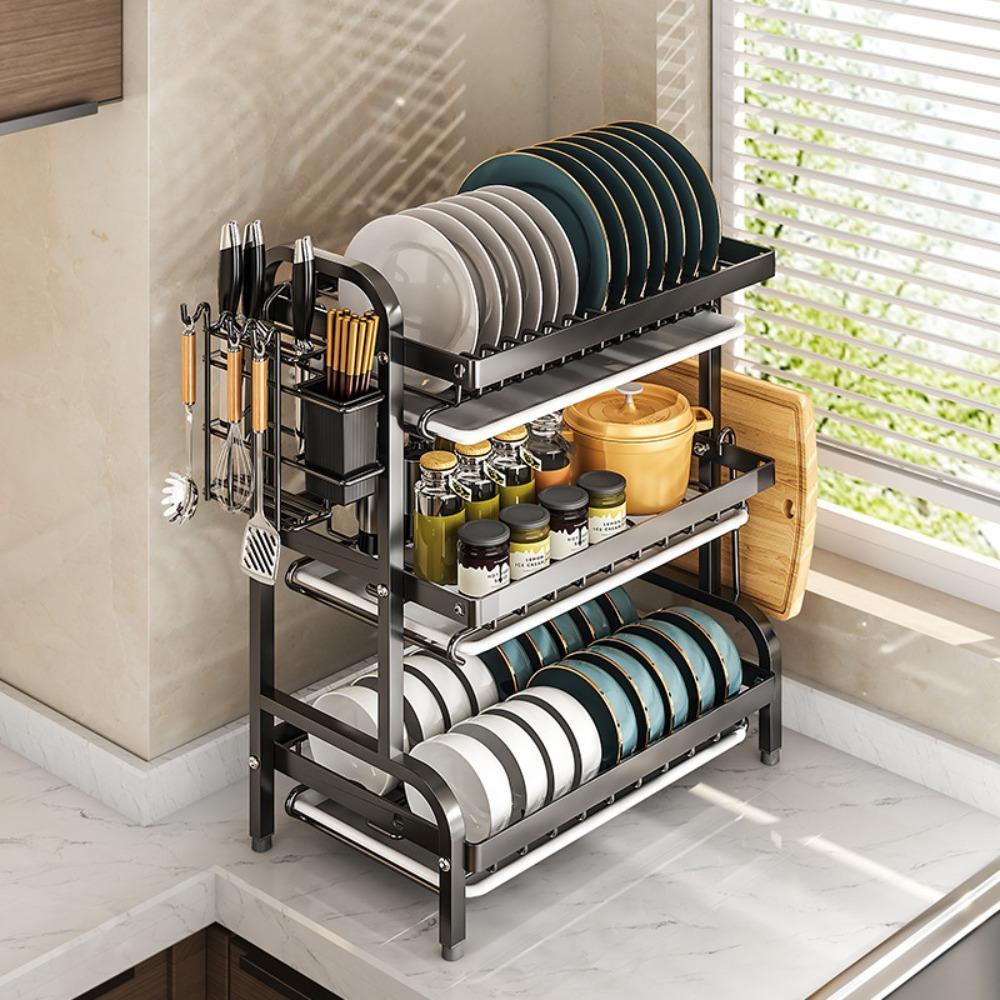 Стеллаж для сушки посуды, многослойная кухонная стойка для хранения из углеродистой стали с полкой для тарелок, может сливать воду, контейнер для хранения большой емкости