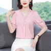 Fashion Short Sleeved Top Summer New Lace Stitching Bottoming Shirt Solid Color V Neck Pullovers Blouse M-4XL