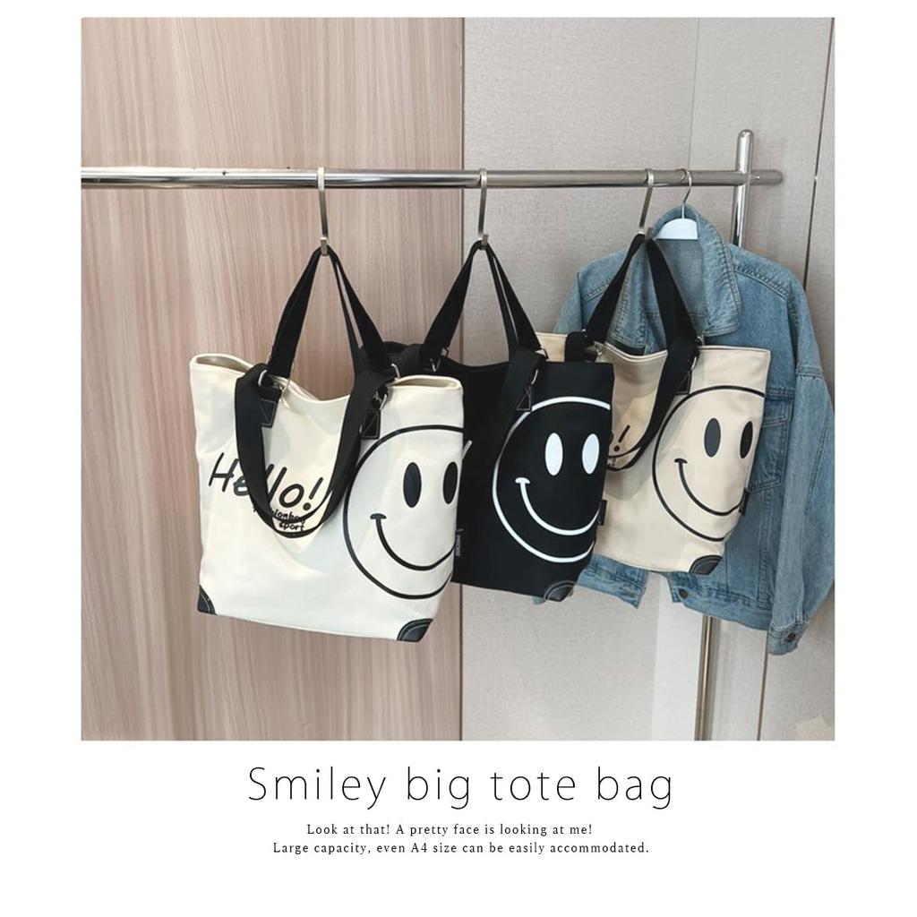 Сумка-тоут холщовая большая холщовая улыбка большая тоут [DIVA Rose] сумка, женская, сумка, большая, милая, вместительная, сумка, сумка, стильная, легкая, (черный)