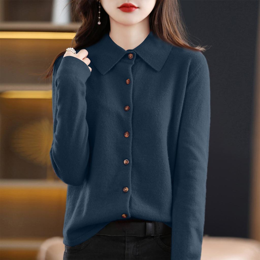 Женский модный повседневный кардиган однотонного цвета свободного кроя с длинными рукавами и отложным воротником