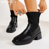 Fashion Chunky Women Leather Ankle Boots Mid Heels Square Toe Sock Boots 2025 Trend Fashion New Chelsea Boots Pumps Winter Mujer Botas