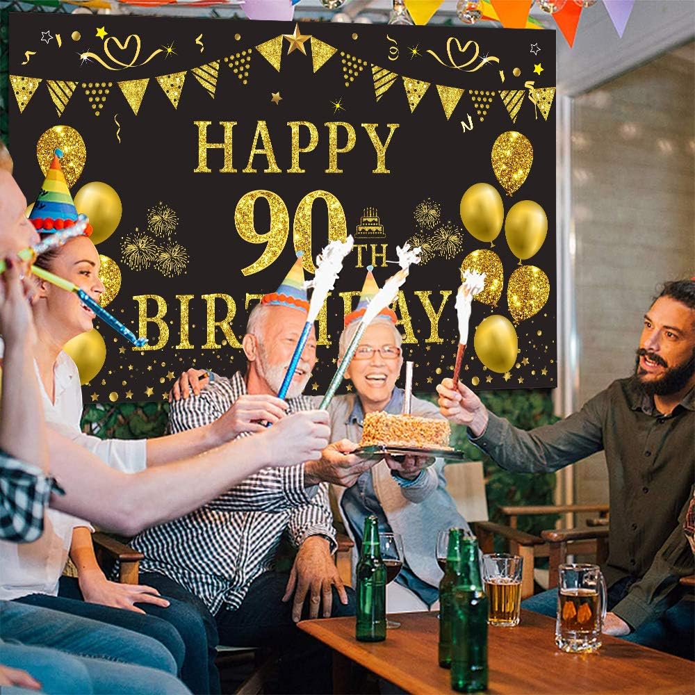 Trgowaul 90th Birthday Backdrop Gold and Black 5.9 X 3.6 Fts Happy Birthday Party Decorations Banner for Women Men Photography Supplies Background