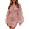 Women's Sexy Sequin Bodycon Dress Sheer Long Sleeve Deep V Neck Mini Dress Sparkly Evening Party Dress for Night Clubs
